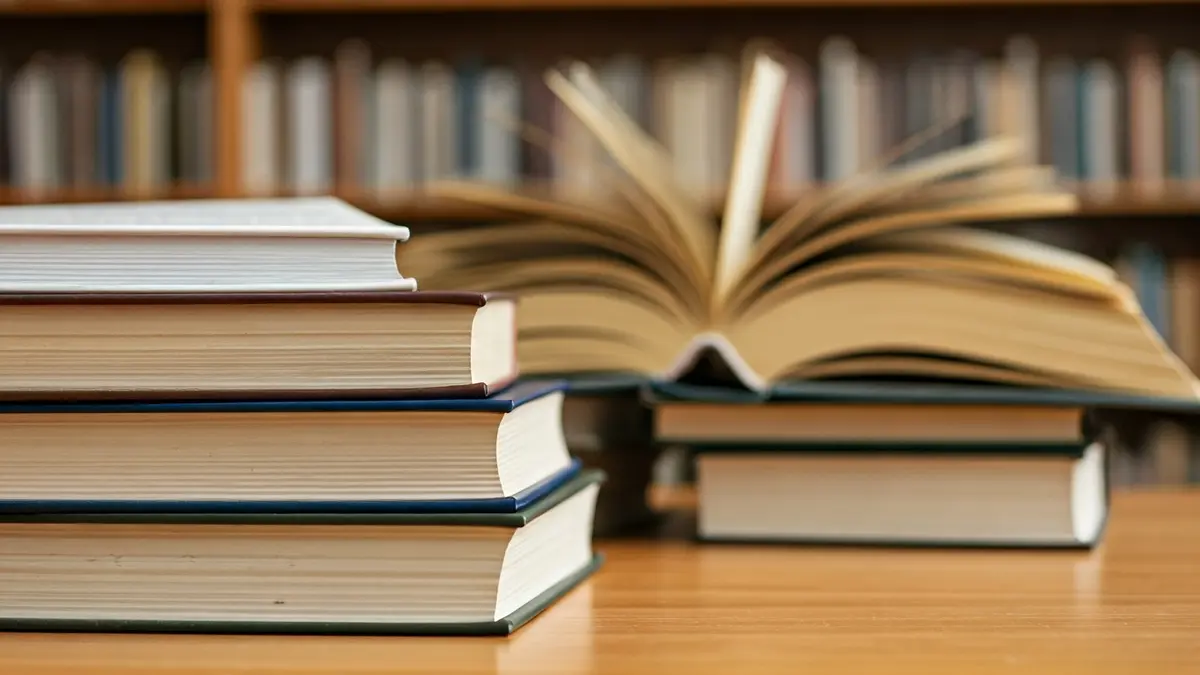 Imatge genèrica de llibres apilats en una taula de fusta en una biblioteca, amb llum càlida.