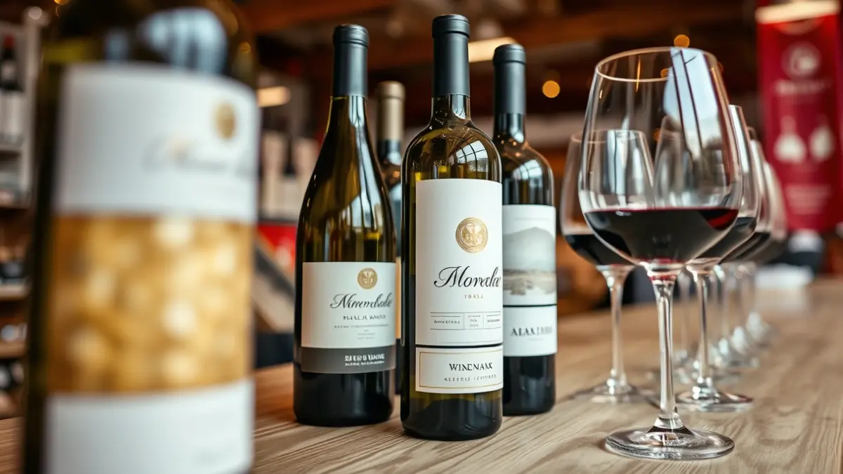 Imatge genèrica de botelles de vi i copes en un mercat.