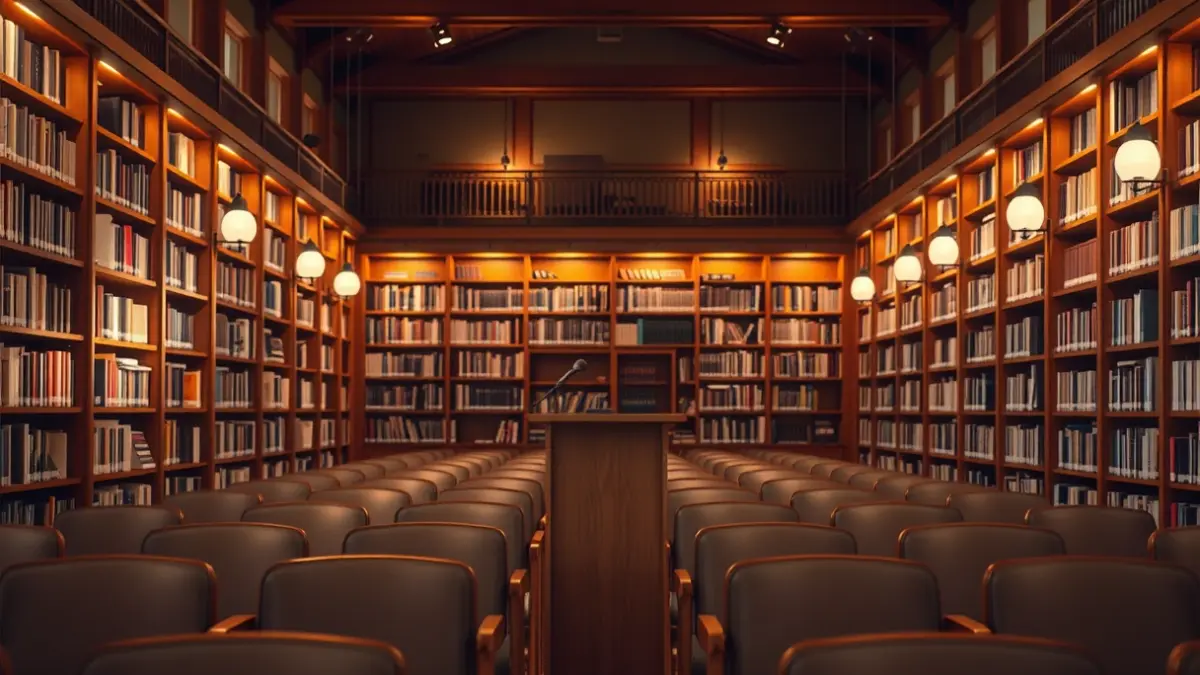 Imatge genèrica d'una sala de lectura amb prestatgeries de fusta i un micròfon en un faristol.