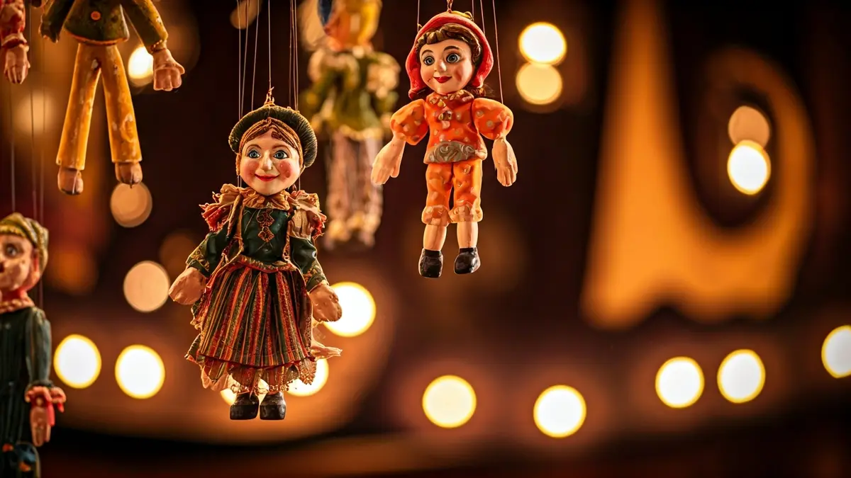 Generic image of puppets and marionettes in a theatrical setting.