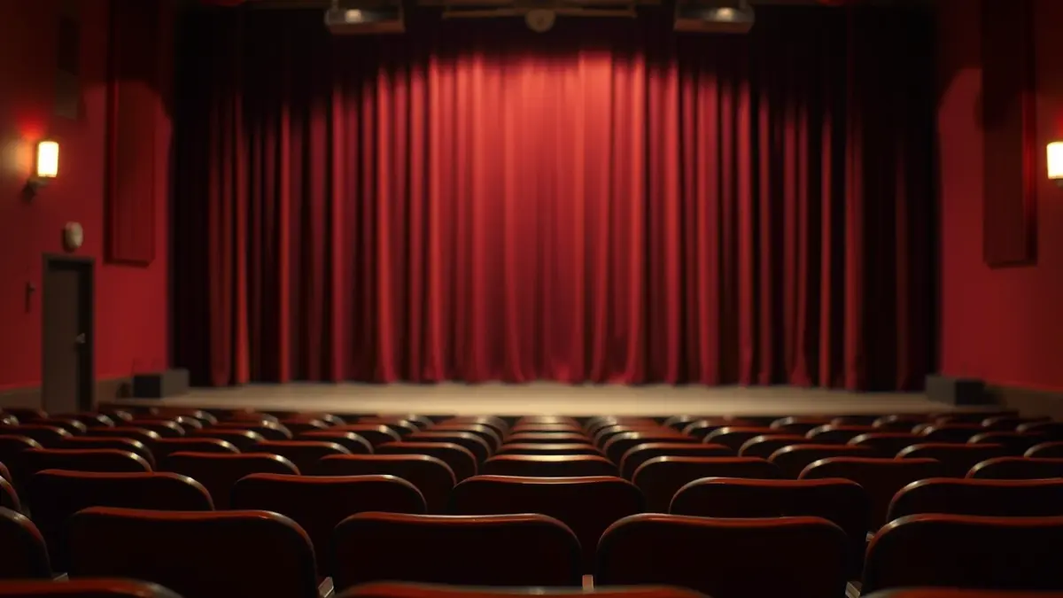 Imatge genèrica d'un escenari de teatre amb un focus, seients buits i cortines de fons.