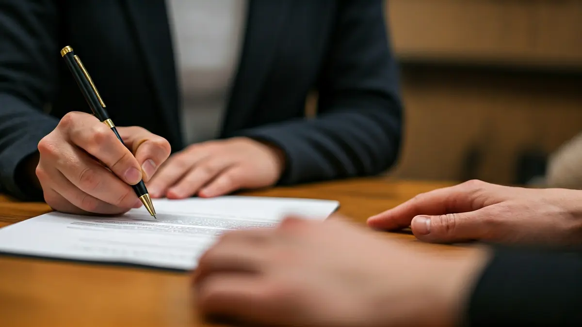 Generic image of hands signing official documents on a wooden desk.