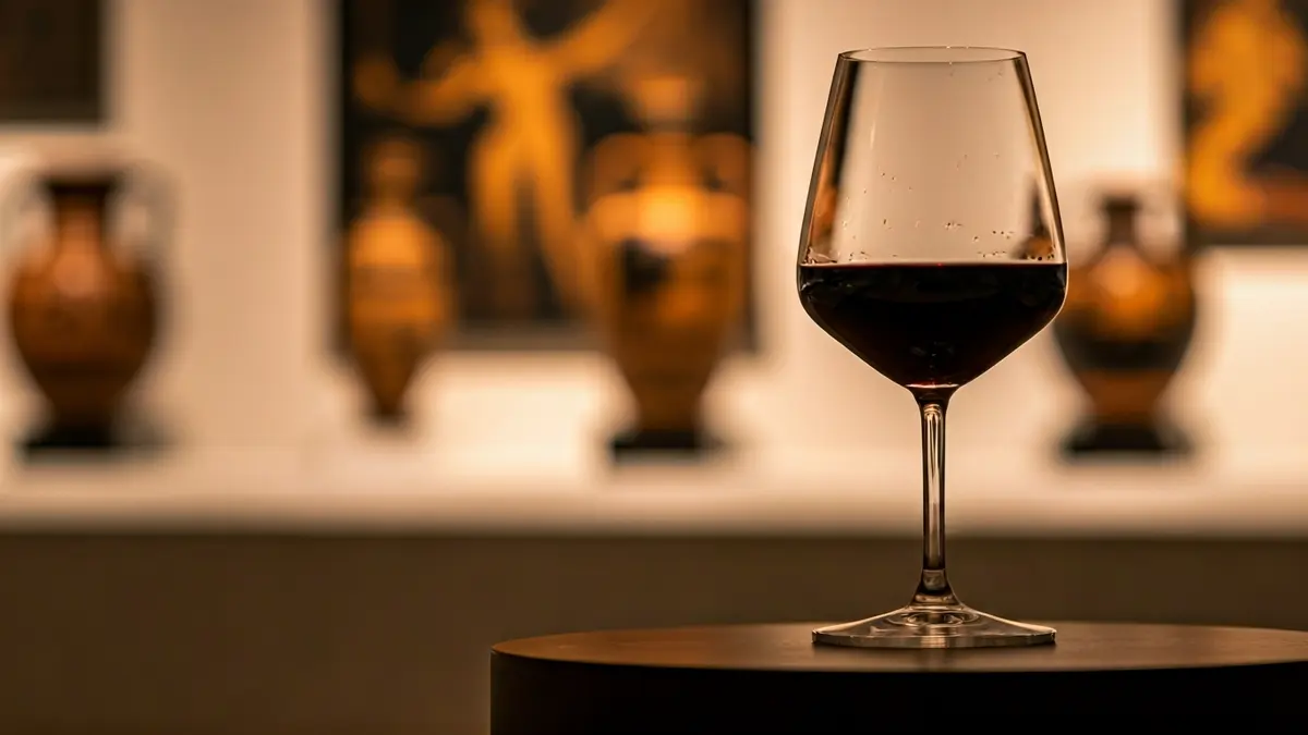 Imatge d'una copa de vi amb obres d'art borroses al fons, simbolitzant la influència del vi en l'art.