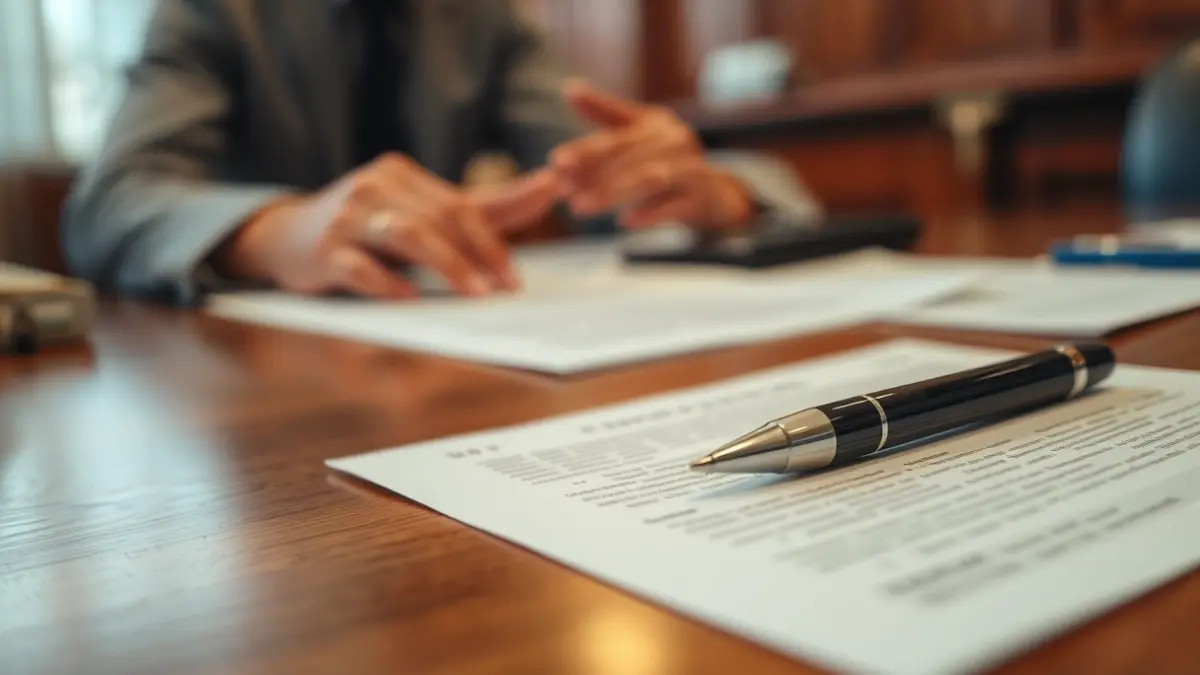 Generic image of official documents and a pen on a wooden desk, with blurred hands in the background.
