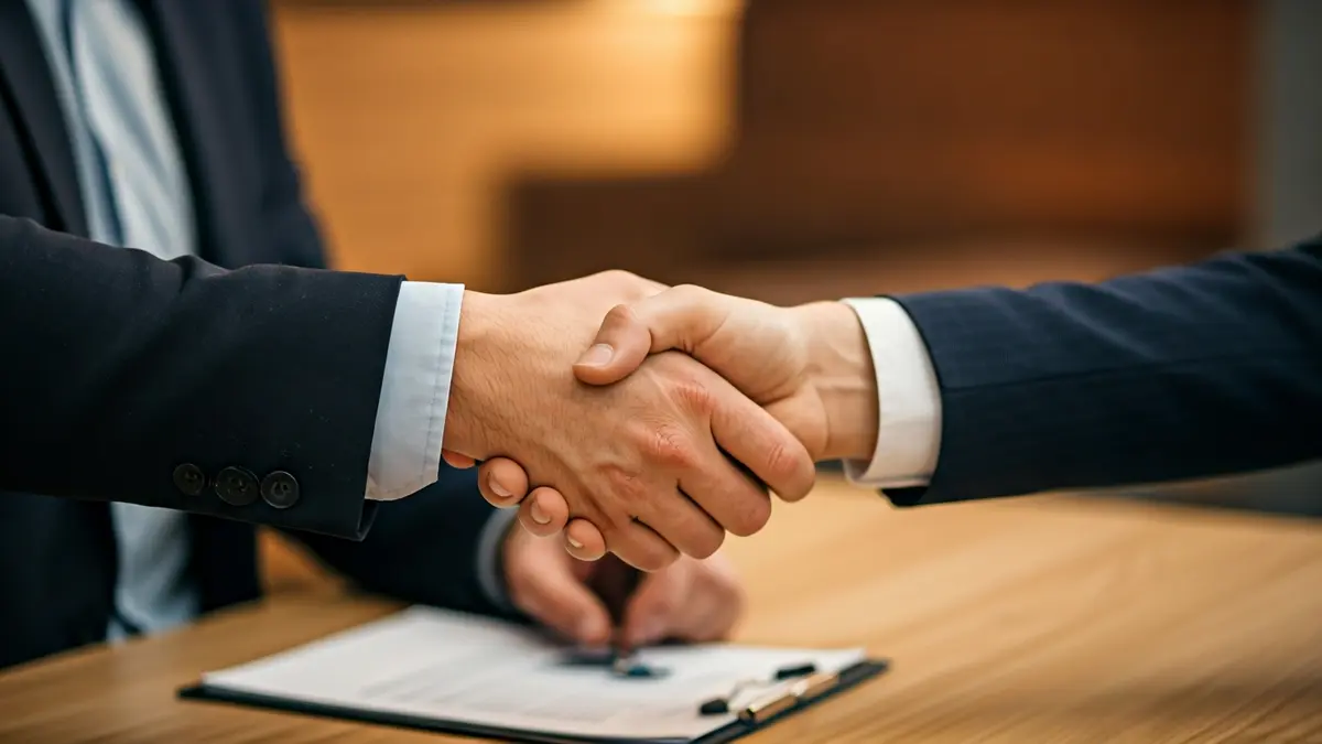 Imatge genèrica de dos mans encaixant en un entorn d'oficina, simbolitzant la cooperació econòmica internacional.