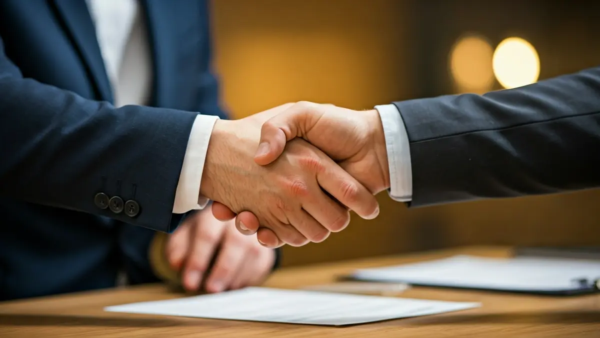 Imatge genèrica de dos mans encaixant en una taula, simbolitzant la col·laboració econòmica internacional.