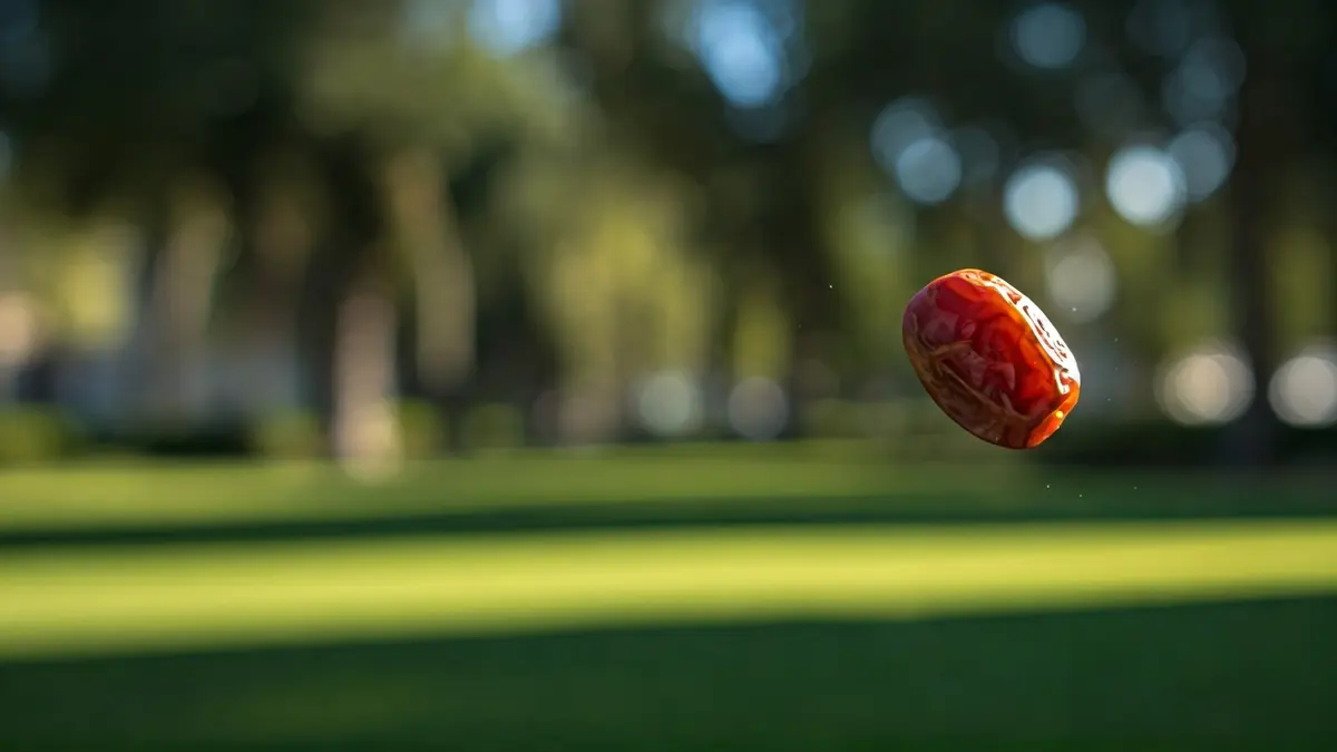 Close-up image of a date fruit, with a blurred Mediterranean park in the background, suggesting motion.
