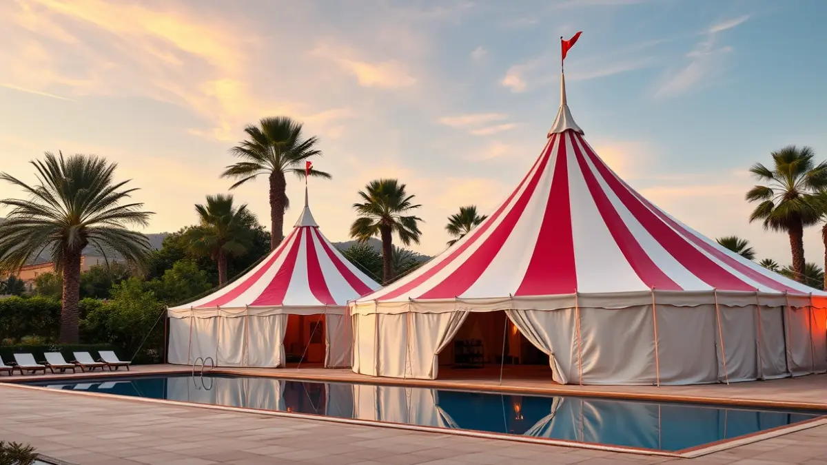 Image of a white and red circus tent next to a swimming pool on a terrace, surrounded by palm trees.