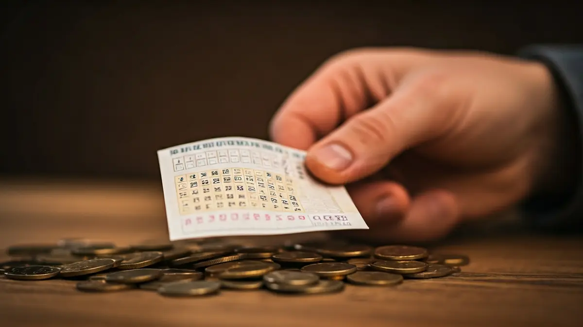 Imagen genérica de una mano sosteniendo un boleto de lotería ganador con monedas de euro.
