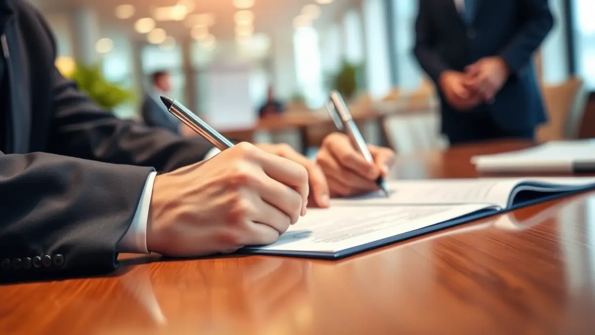 Generic image of hands signing official documents on a wooden desk.