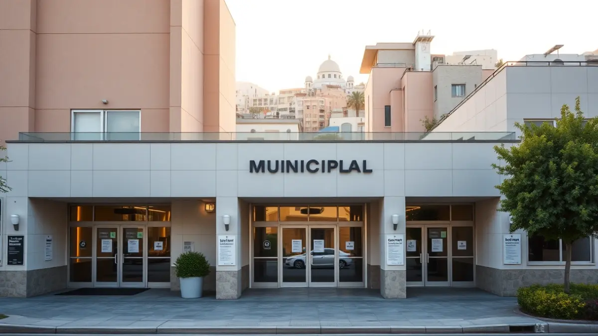 Façana d'un edifici municipal modern amb diverses entrades i senyalització clara per a diferents servicis, amb la ciutat d'Elx al fons.