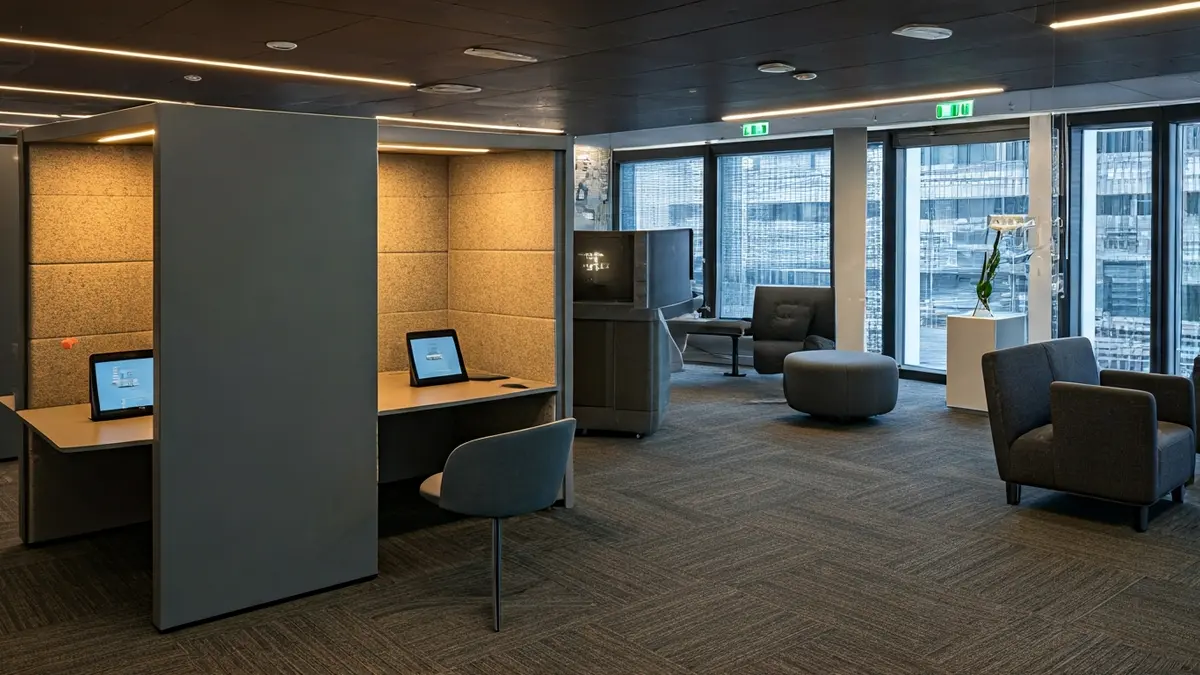 Imatge genèrica d'una sala d'estudi moderna i digitalitzada amb cabines insonoritzades i pantalles.