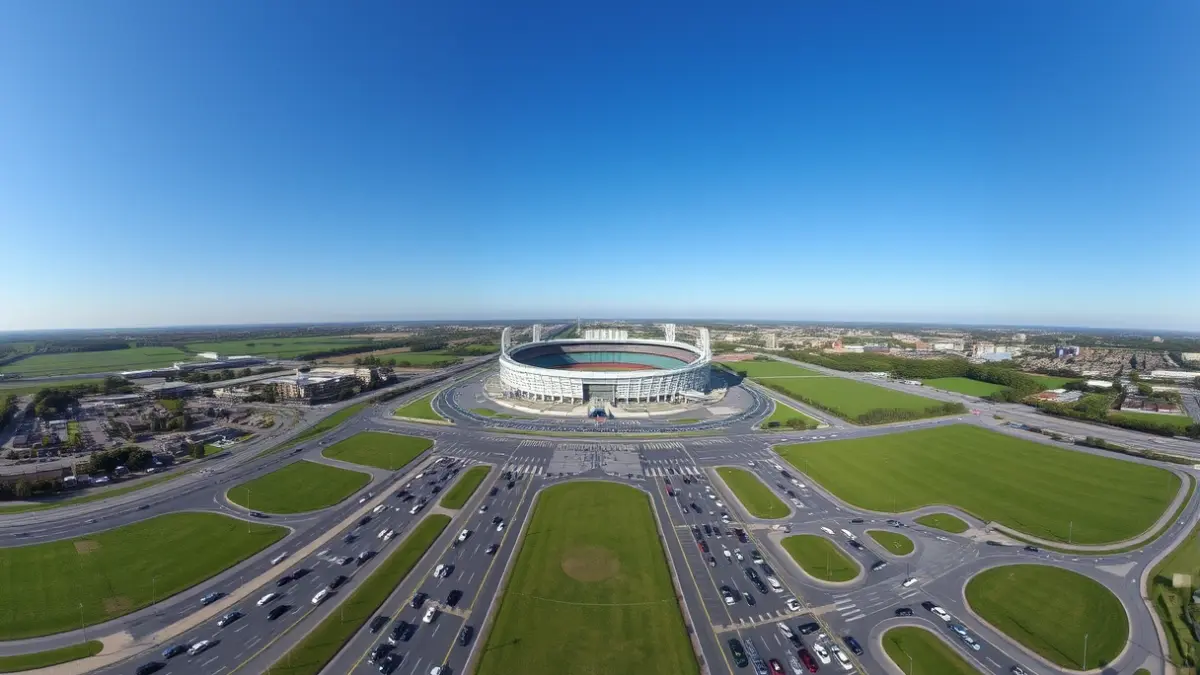 Imagen aérea de un aparcamiento de estadio con tráfico fluido e infraestructura urbana.