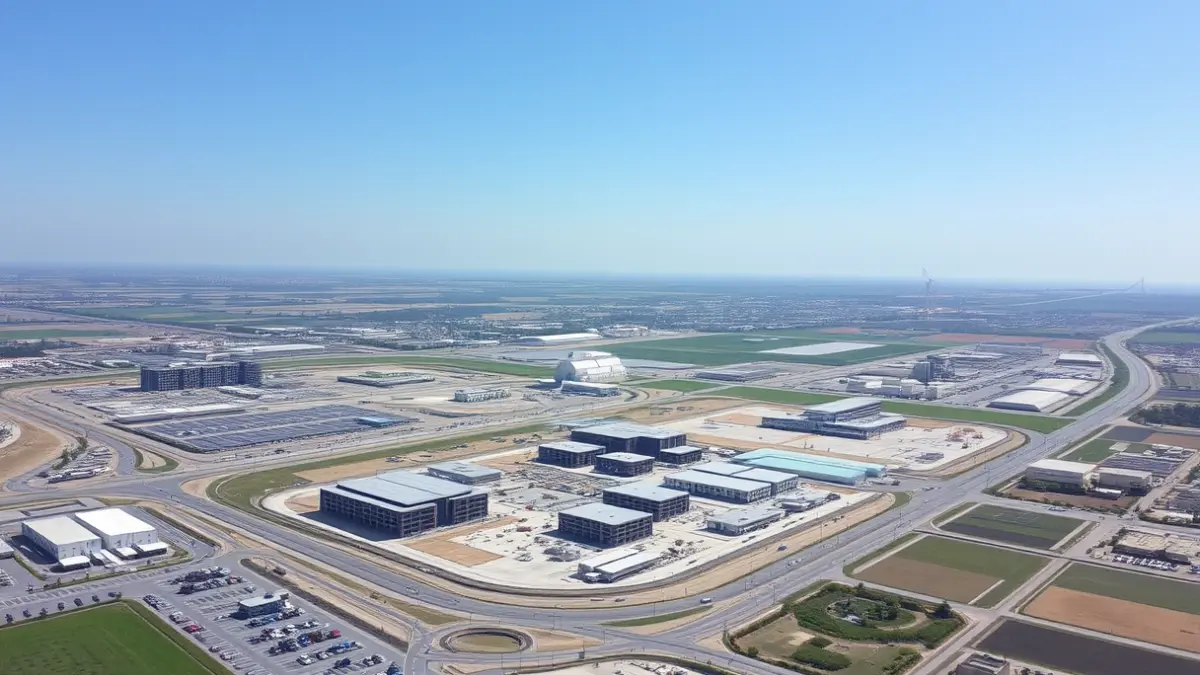 Imagen aérea de una zona comercial en desarrollo, con edificios nuevos e infraestructuras, rodeada por áreas industriales y zonas verdes, en una ciudad mediterránea.