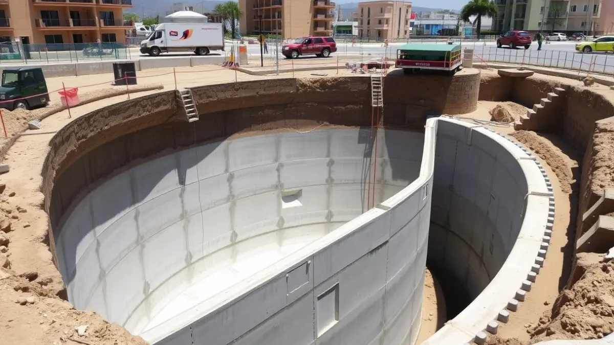 Imagen de un tanque de tormentas en construcción en una zona urbana mediterránea.