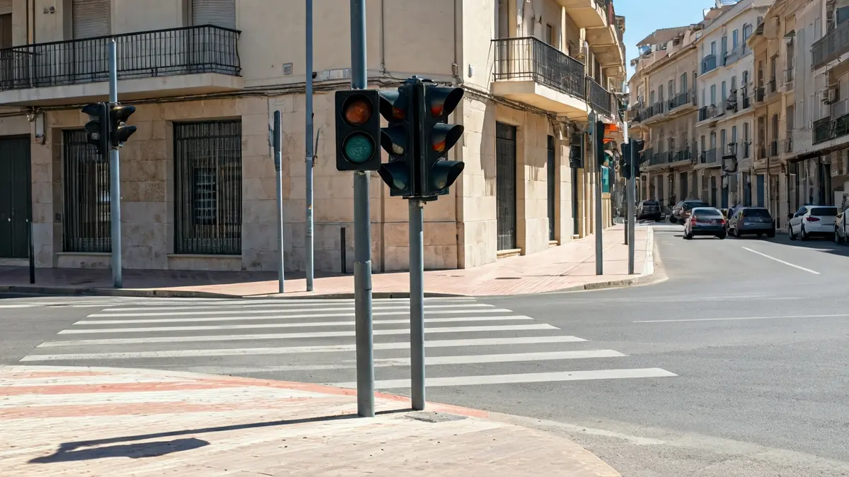 Imatge d'un semàfor nou en una intersecció d'Elx, amb rampes per a vianants i voreres amples.