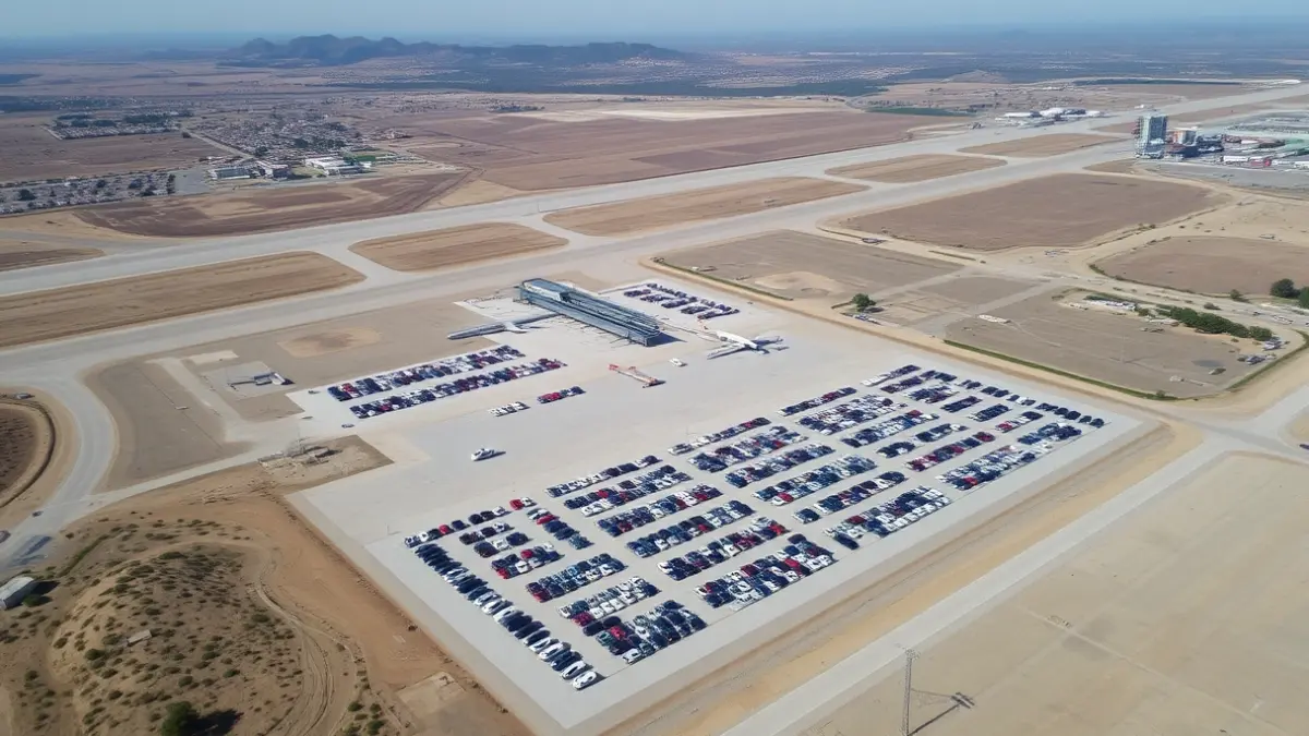 Imatge aèria d'una gran esplanada d'aparcament prop d'un aeroport, amb molts cotxes estacionats en files, en un entorn no urbanitzable.