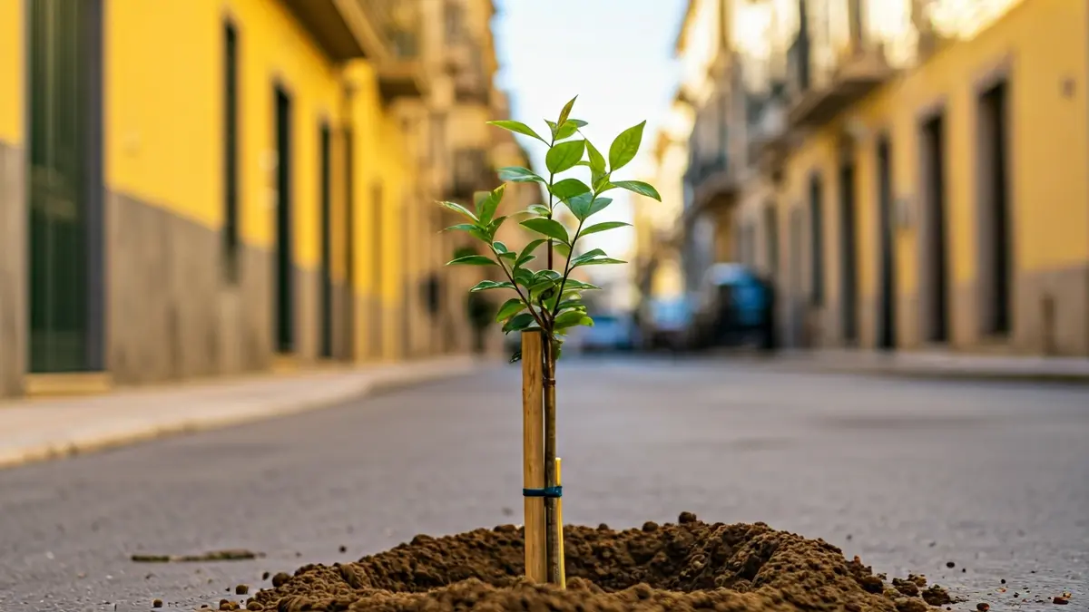Imatge genèrica d'un arbre jove plantat en un carrer urbà, amb edificis mediterranis al fons.
