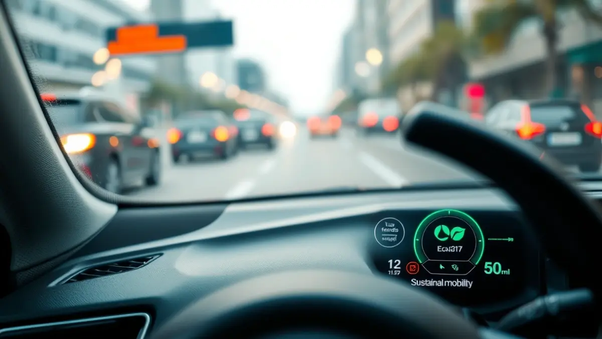 Imatge genèrica d'un tauler de control de cotxe modern amb símbols ecològics, representant la mobilitat sostenible.