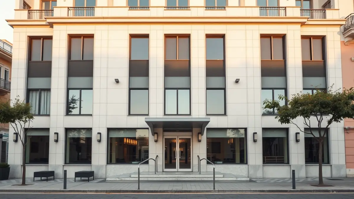 Image of a modern municipal building with large windows and a welcoming entrance in a Mediterranean city.