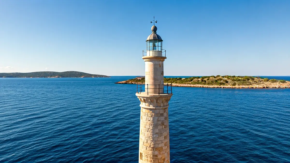 Image of a historic lighthouse on a rocky island, with the sea in the background.
