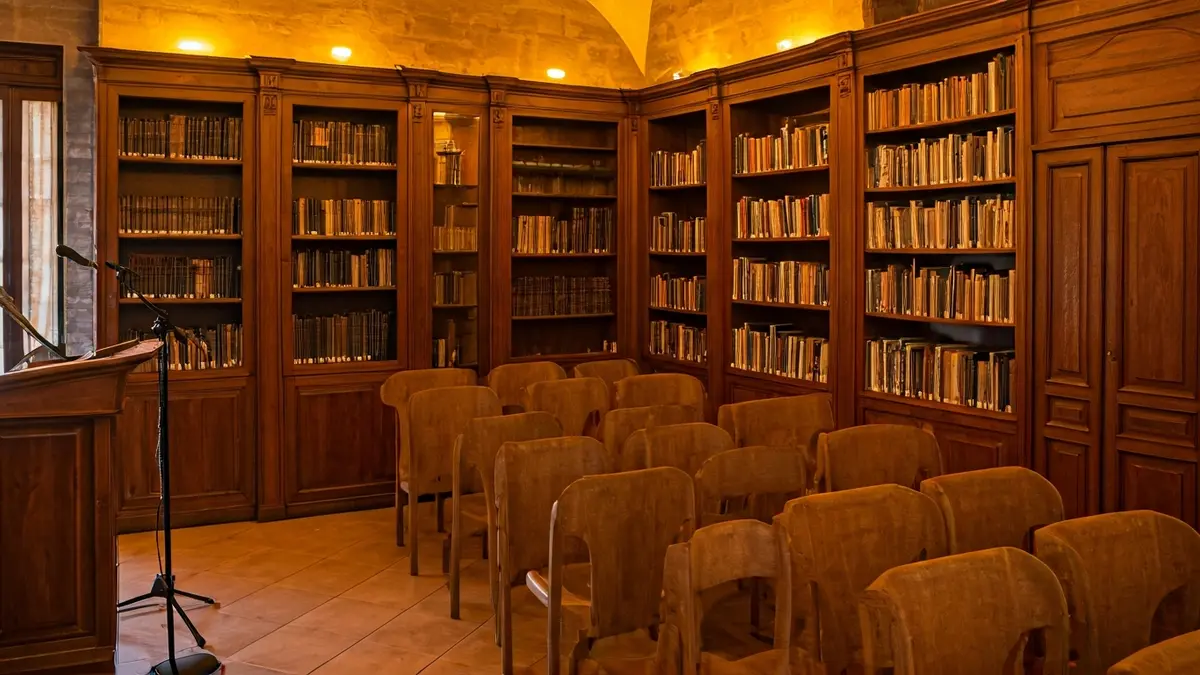 Imatge genèrica d'un interior de biblioteca amb un micròfon en un podi, simbolitzant una presentació o entrevista.