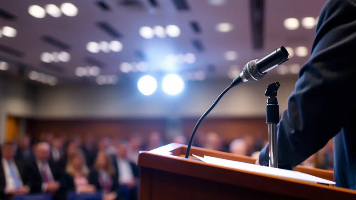 Imatge genèrica d'un micròfon en un faristol durant un acte polític.