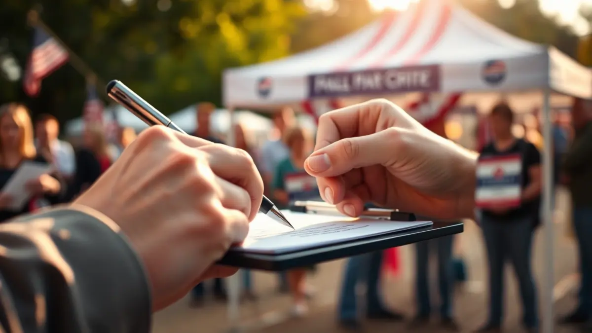 Imatge d'una mà signant un document en una carpa informativa, amb gent borrosa al fons.