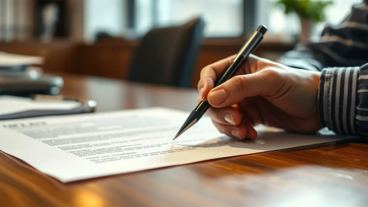 Imatge genèrica d'una mà amb un bolígraf sobre un document legal, representant la redacció d'un testament.