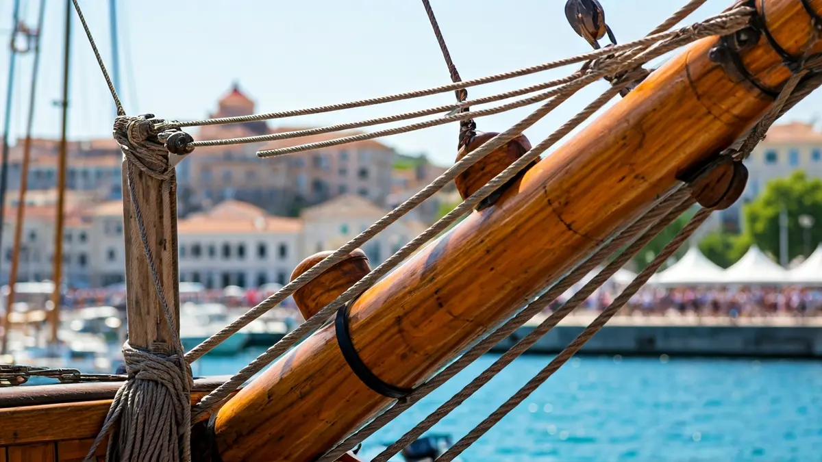 Imagen de un barco histórico en un festival marítimo, con gente al fondo.