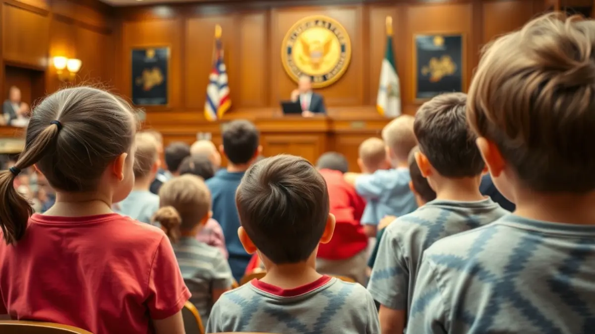 Image of schoolchildren in a town hall's plenary room, learning about local administration.