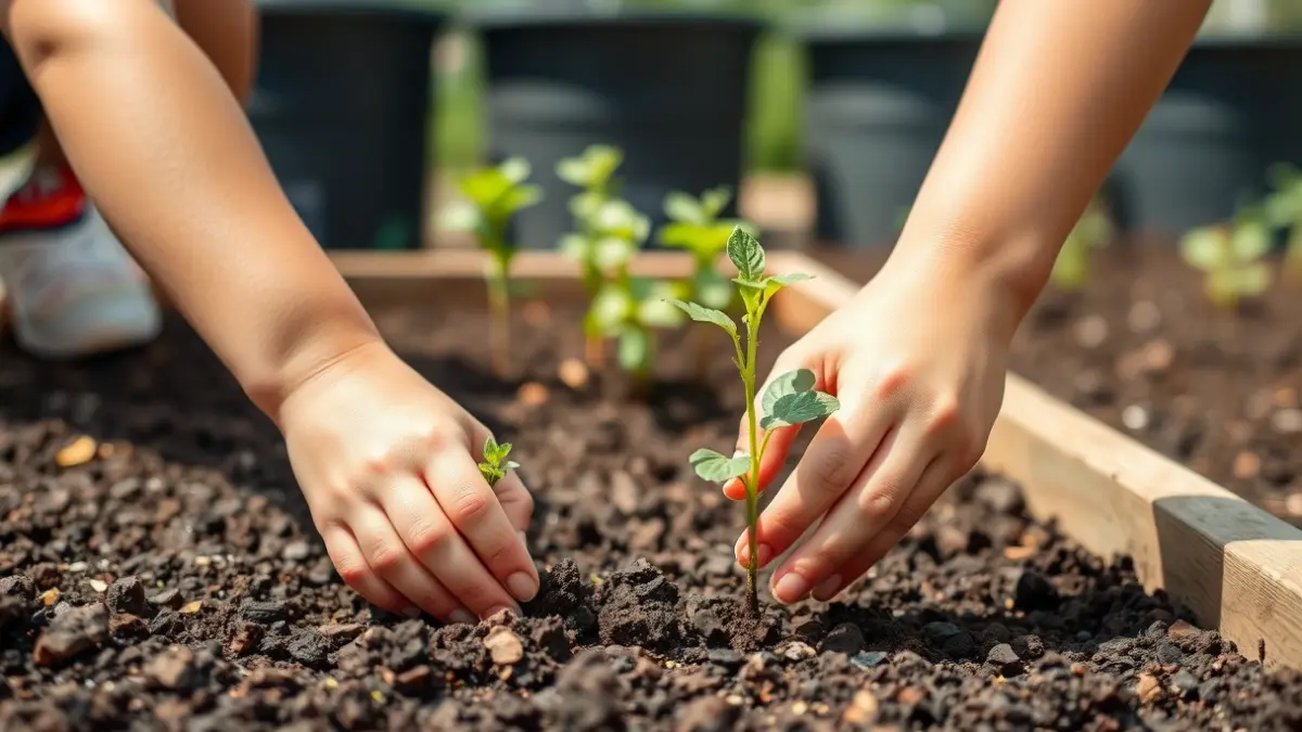 Imatge d'escolars plantant en un hort escolar, amb compostadors al fons.