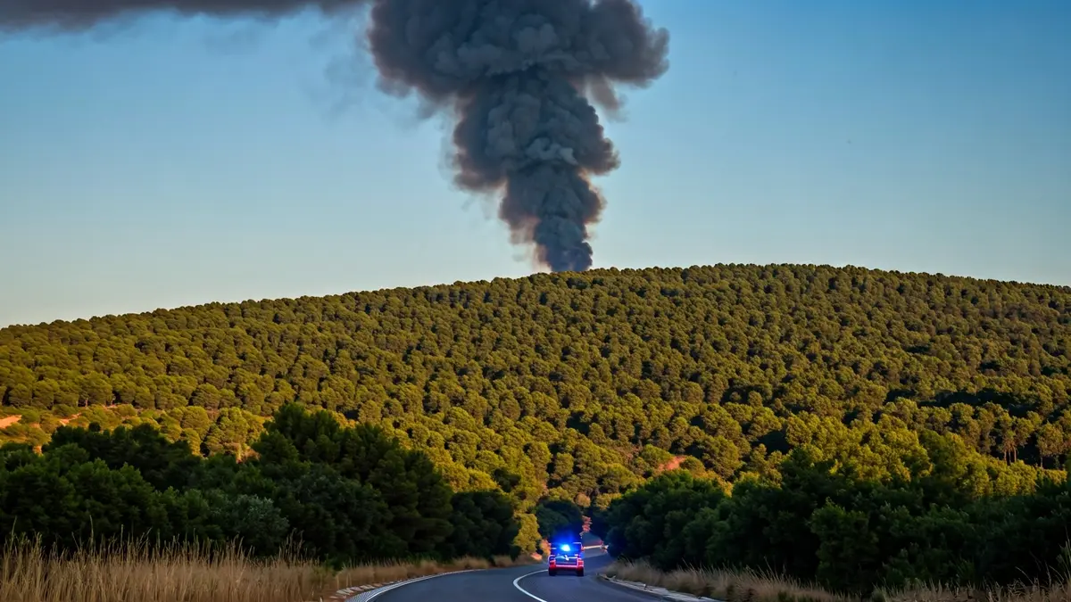 Imatge d'una columna de fum gris sobre un vessant de bosc de pins verd en un paisatge mediterrani, amb llums d'emergència borroses en primer pla.