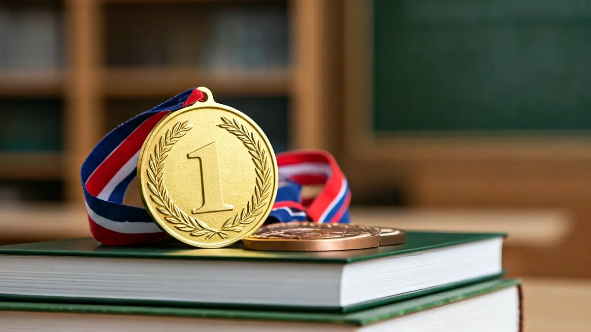 Imagen genérica de medallas de oro y bronce sobre libros de ciencia, simbolizando el éxito académico.