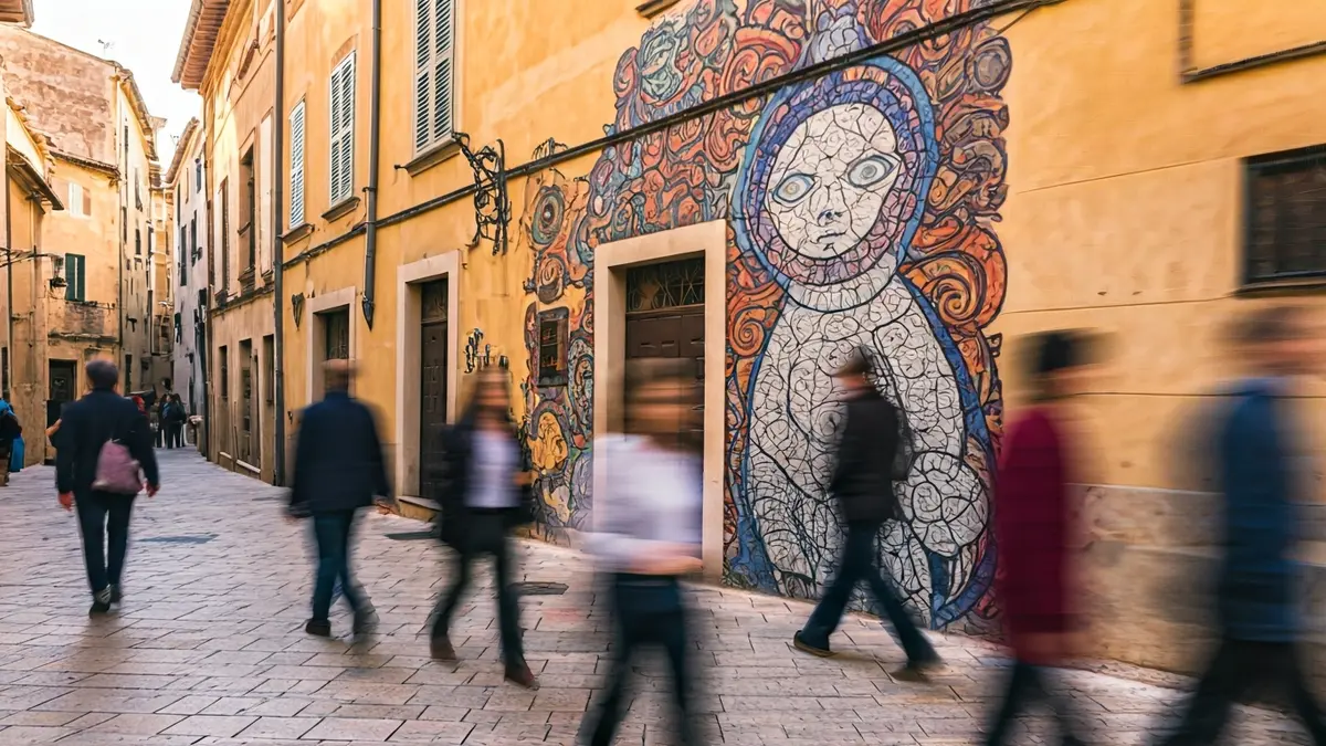 Imatge d'un mural d'art urbà en una façana de Fanzara, amb persones observant-lo.