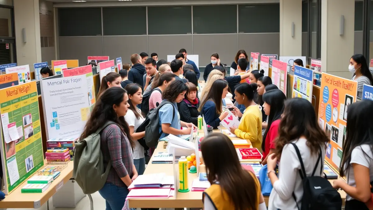 Generic image of a mental health fair with students participating in activities.