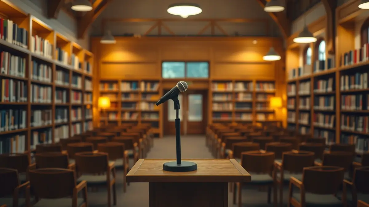 Imatge genèrica d'un micròfon en un faristol dins d'una biblioteca, amb cadires buides i llum càlida, evocant un ambient cultural.