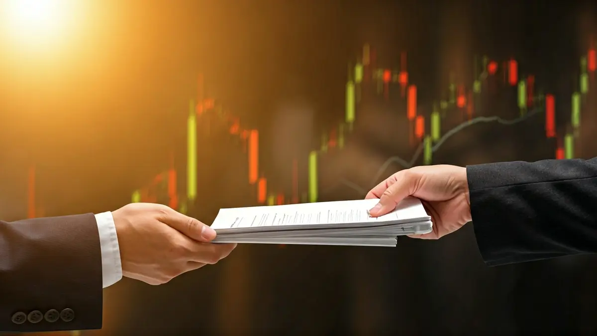 Imatge genèrica de mans intercanviant un document, amb gràfics financers desenfocats al fons, simbolitzant la propietat intel·lectual i el finançament.