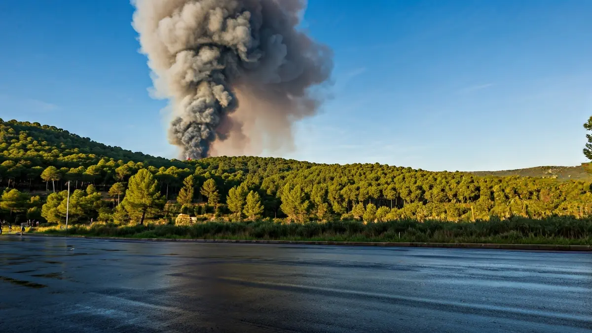 Imatge genèrica d'una columna de fum sobre un bosc amb llums d'emergència borroses.
