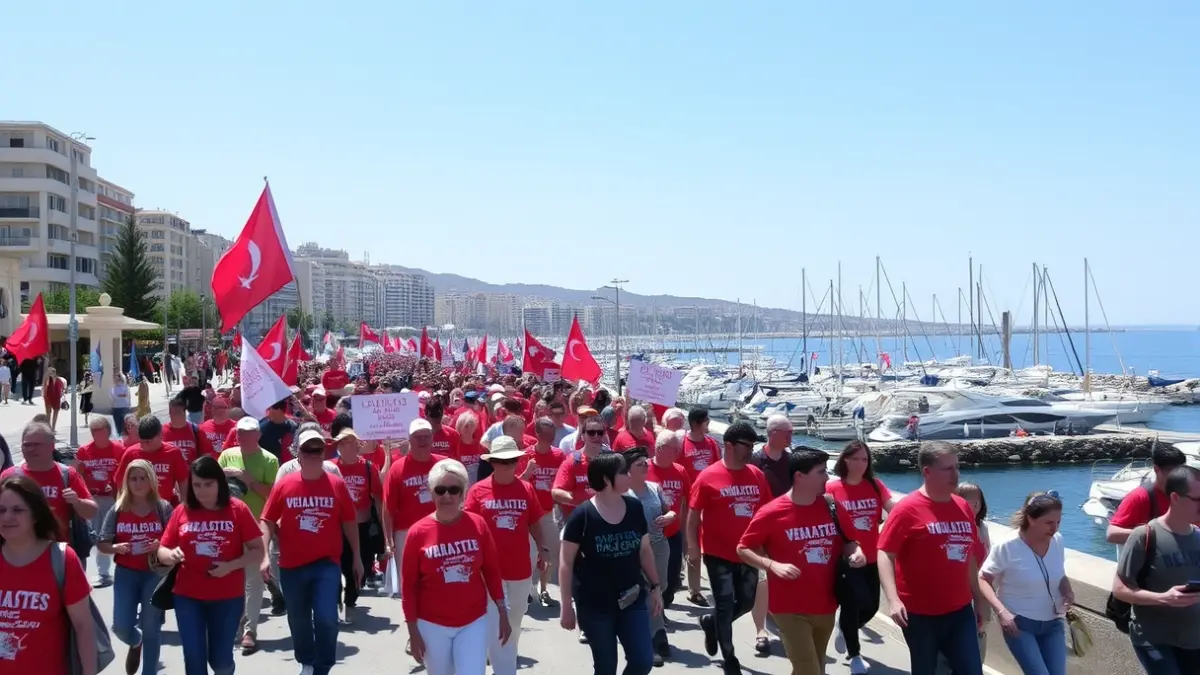 Imatge d'una marxa solidària amb participants vestits de roig en un passeig marítim de Dénia.