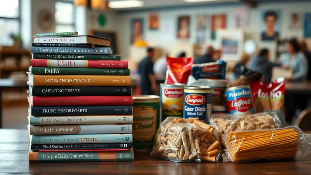 Imatge genèrica de llibres i aliments no peribles, simbolitzant la campanya solidària.
