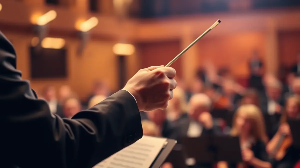 Generic image of an orchestra conductor with a baton at a classical music concert.