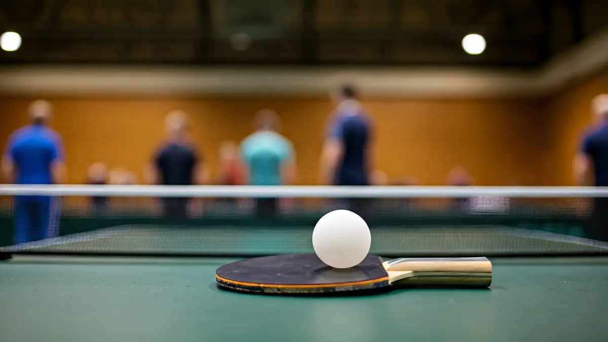 Generic image of a table tennis paddle and ball on a green table.