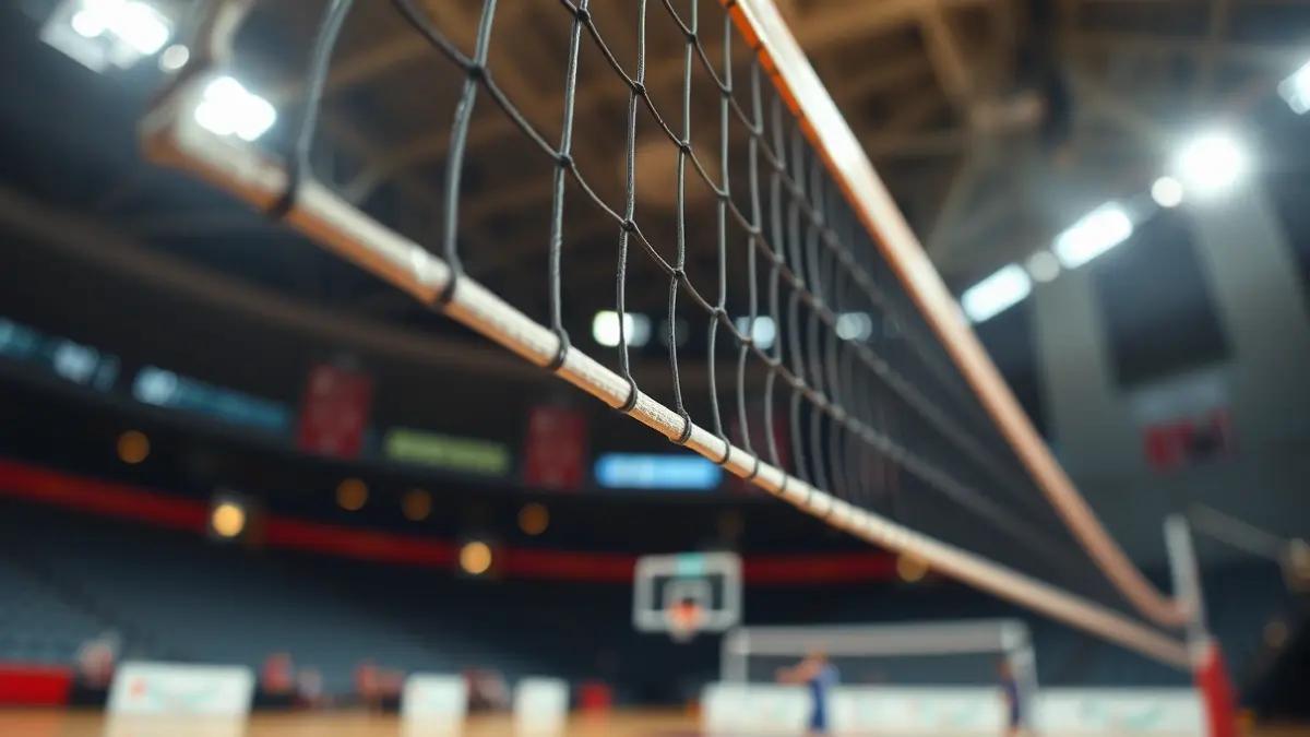 Imatge genèrica d'una xarxa de voleibol en una pista interior.