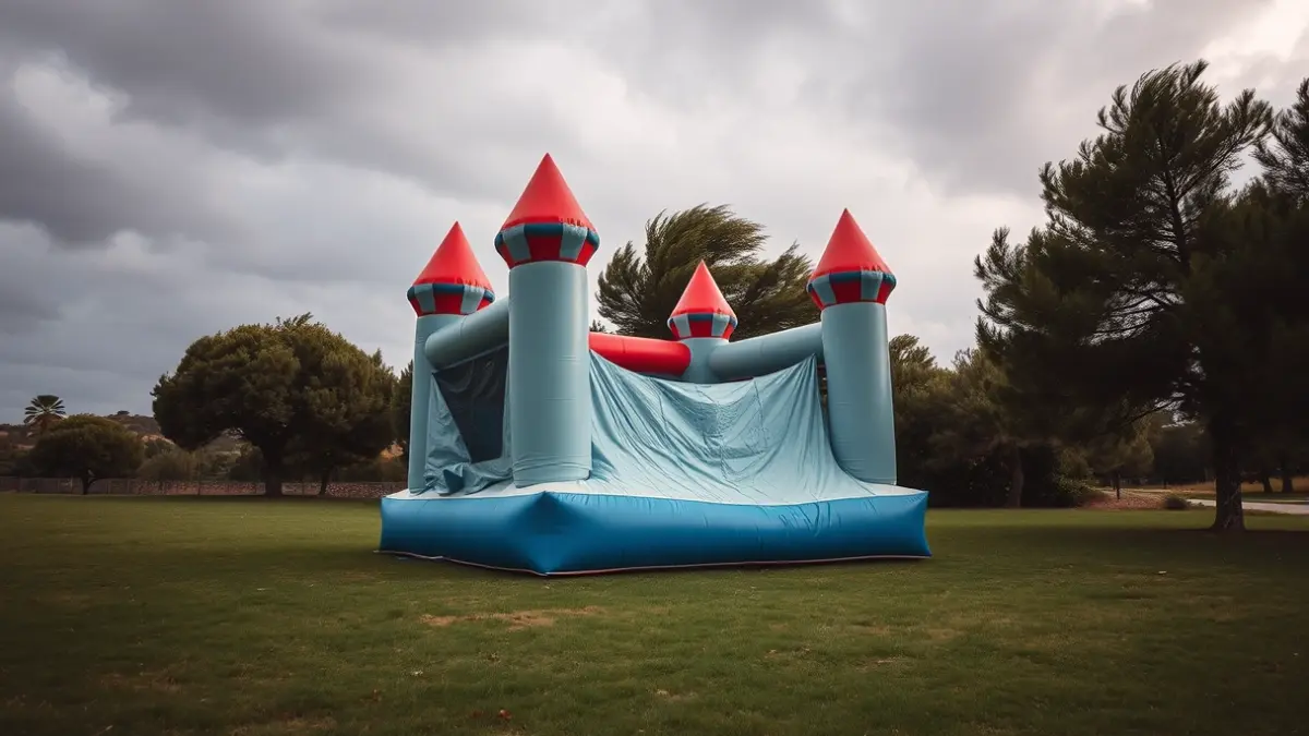 Castell unflable desinflat en un camp d'herba, amb efectes de vent en els arbres pròxims, baix un cel nuvolós, en un entorn mediterrani.