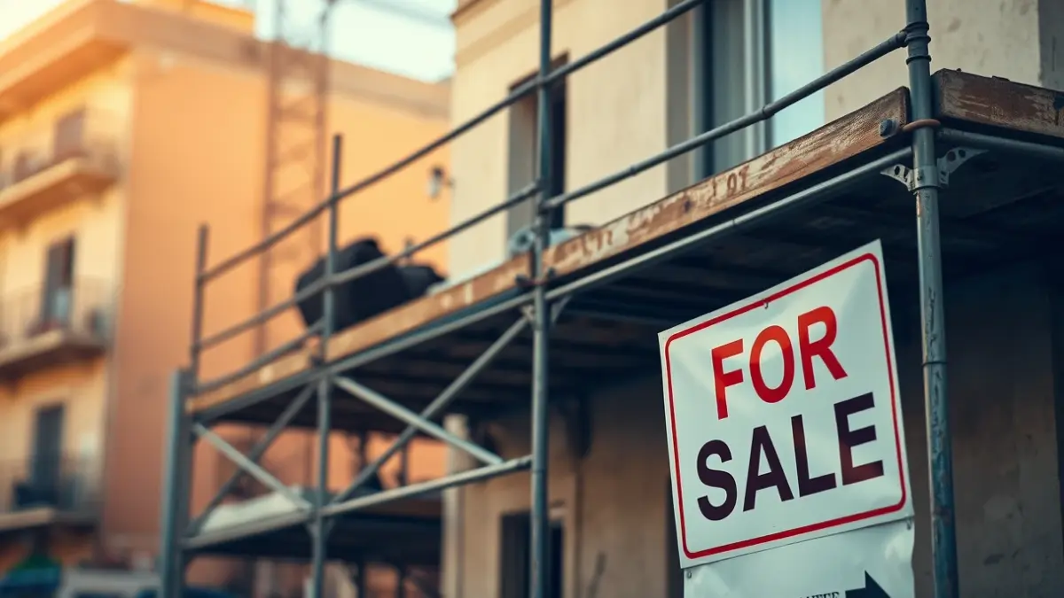 Image of a 'For Sale' sign on a construction site, with scaffolding and a blurred urban background, under sunlight.