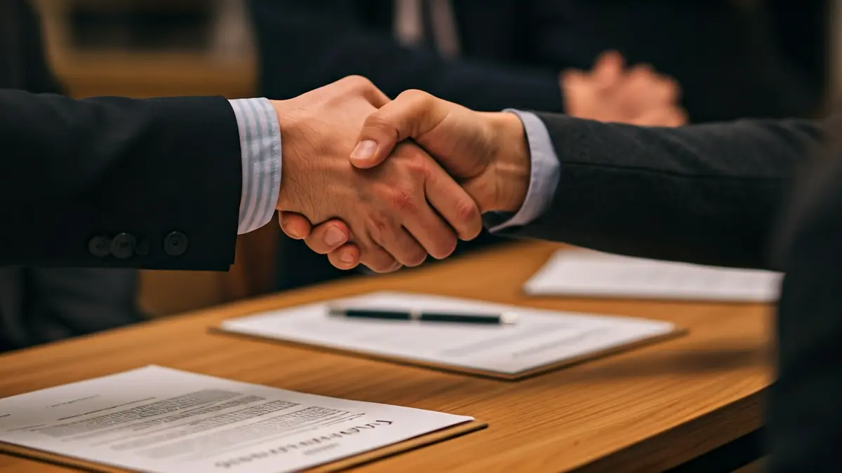 Imagen genérica de dos manos estrechándose sobre un documento, simbolizando un acuerdo o concesión de becas.