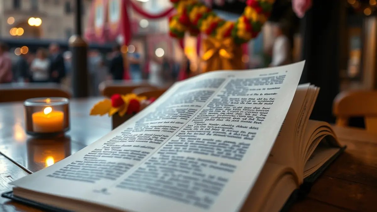 Image of an open Fallas llibret, with text, on a wooden table with blurred Fallas decorations in the background.