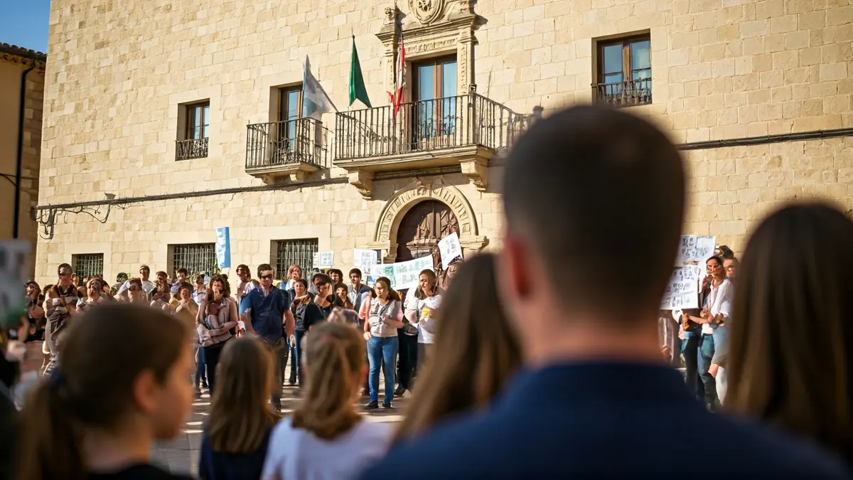 Image of a family protest in front of Almoradí's town hall.