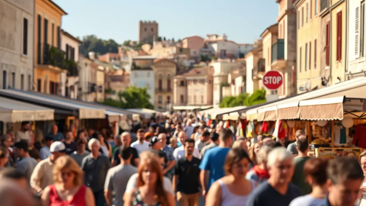 Imatge genèrica d'una fira a l'aire lliure en un poble mediterrani, amb gent i parades.
